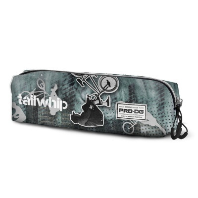 Estojo escolar cinzento com padrão abstrato e texto tailwhip