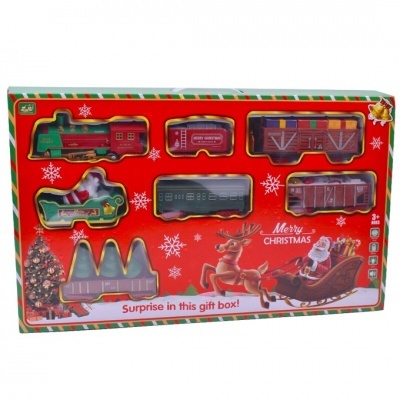 Conjunto brinquedo comboio natalício com várias carruagens em caixa vermelha decorada de Natal