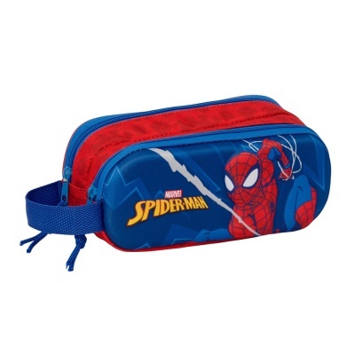 Estojo escolar azul e vermelho com ilustração do Spiderman e texto MARVEL SPIDER-MAN.