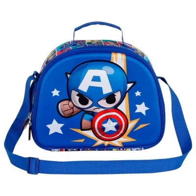 Mala infantil azul com super-herói cartoon e escudo vermelho e branco