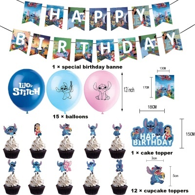 Conjunto festa Stitch com bandeirola, balões, topo bolo e toppers cupcakes
