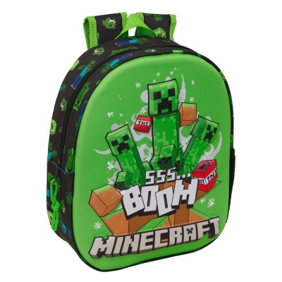 Mochila infantil Minecraft verde com personagens Creeper e texto SSS... BOOM