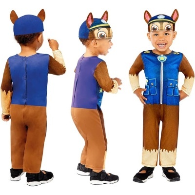 Fato infantil azul e castanho com orelhas e viseira com olhos grandes