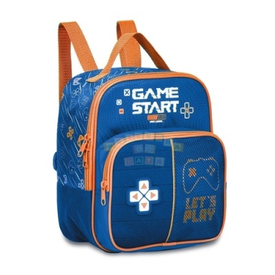 Mochila azul e laranja com tema de videojogos e texto 'GAME START'