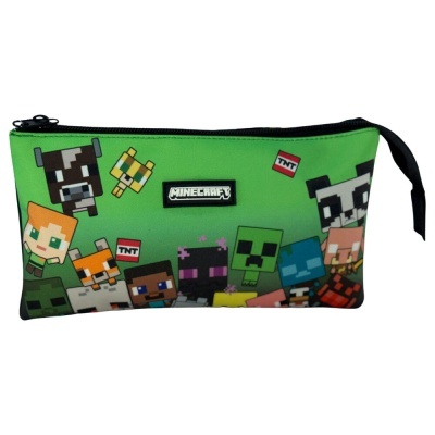 Estojo verde com personagens do Minecraft em estilo pixelado e fecho preto