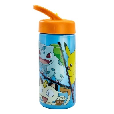 Garrafa de plástico azul com personagens Pokémon e tampa laranja