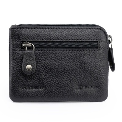 Carteira ou porta-moedas de pele preta com fecho e bolso frontal