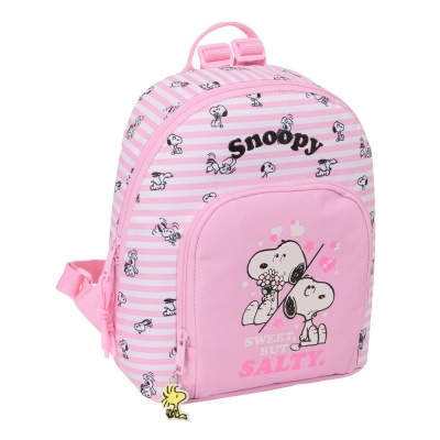 Mochila cor de rosa com padrão de Snoopys e texto SWEET, BUT SALTY