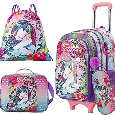 Conjunto de mochilas e estojo unicórnio colorido com carrinho rosa