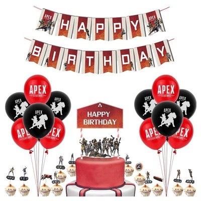Decoração de aniversário Apex Legends com balões vermelhos e pretos, faixa HAPPY BIRTHDAY e bolo vermelho com figuras de personagens.