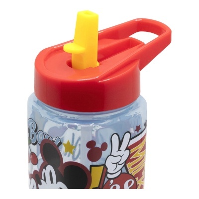 Garrafa de água de plástico com tampa vermelha e bico amarelo, decorada com desenhos do Mickey Mouse
