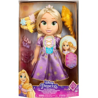 Boneca Disney Princesa Rapunzel com vestido roxo e acessórios na embalagem