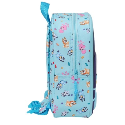 Mochila infantil azul com padrão de personagens animados