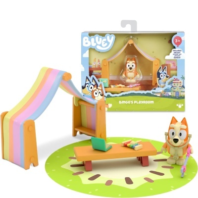 Jogo infantil Bluey Bingo's Playroom com tenda colorida, mesa, personagem e base verde