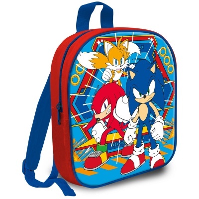 Mochila infantil com personagens Sonic, Tails e Knuckles em cores vibrantes