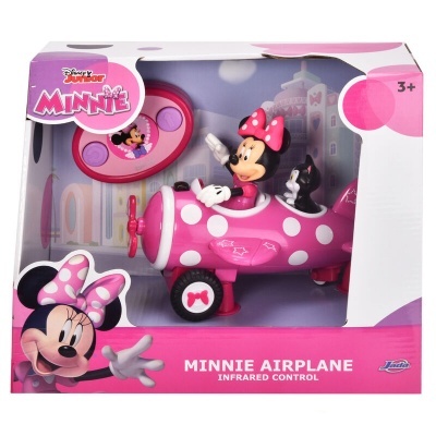 Brinquedo de avião rosa com bolinhas brancas e figura da Minnie Mouse em embalagem