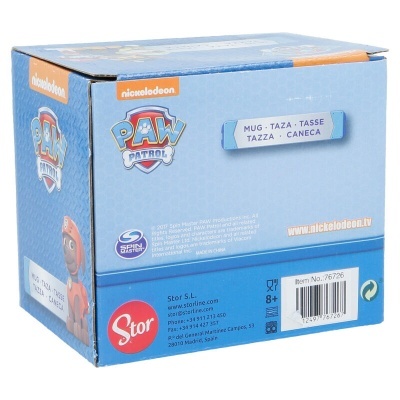 Caixa azul PAW Patrol com caneca para crianças, texto em várias línguas e código de barras.