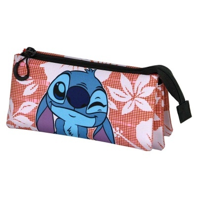 Estojo escolar retangular com personagem Stitch e padrão tropical vermelho e branco
