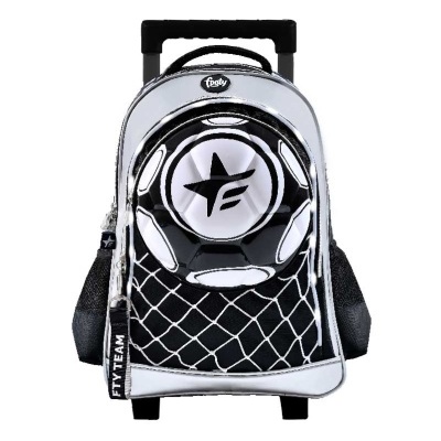 Mala de carrinho infantil preta e branca com logótipo FT e alça dobrável