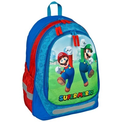 Mochila azul com imagem colorida de Super Mario e Luigi e texto SUPER MARIO