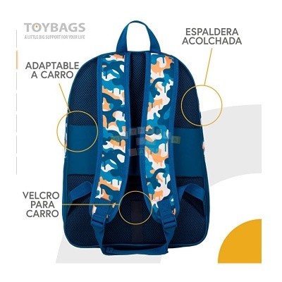 Mochila azul com padrão camuflado e alças acolchoadas