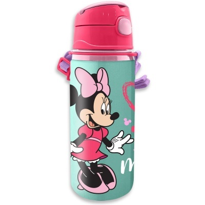 Garrafa de água com imagem da Minnie Mouse em fundo verde-água e tampa rosa