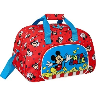 Bolsa vermelha com padrão de Mickey Mouse e alças azuis