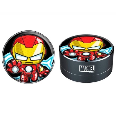 Caixa redonda preta com tampa decorada com figura do Iron Man e texto MARVEL QUARTZ.