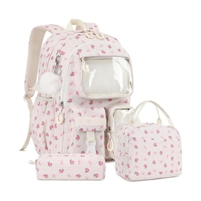Conjunto de mochila, bolsa e estojo creme com padrão de flores cor-de-rosa e detalhes transparentes