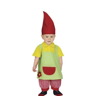 Fantasia de criança com avental verde, chapéu vermelho e calças vermelhas aos quadrados