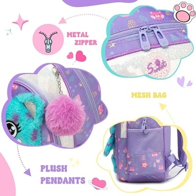 Mochila roxa infantil com zíper metal, pingentes de peluche e bolso de rede