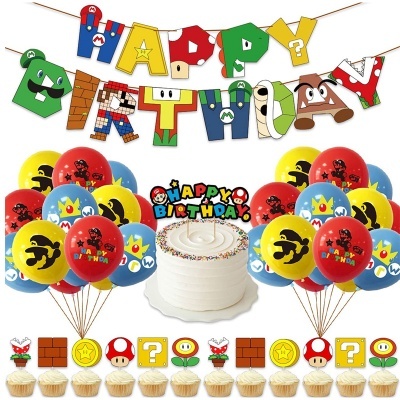 Decoração festa aniversário tema Super Mario com balões, bolo e cupcakes.