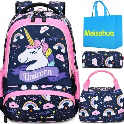 Mochila azul escura com padrão de unicórnio e arco-íris, bolsa térmica, estojo e saco azul claro Meisohua