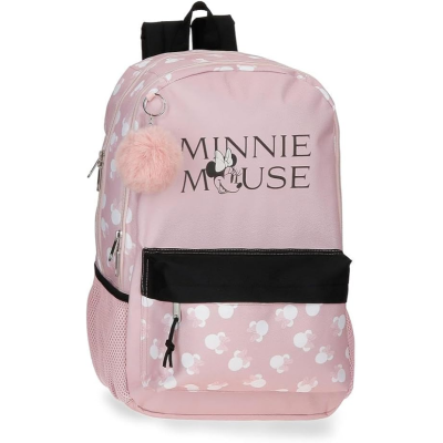 Mochila rosa com padrão branca e texto Minnie Mouse