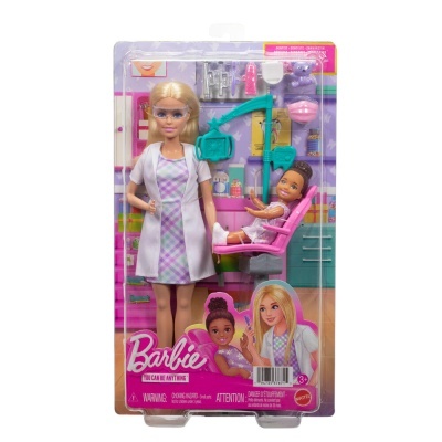 Brinquedo Barbie médica com boneca paciente e acessórios de dentista em embalagem