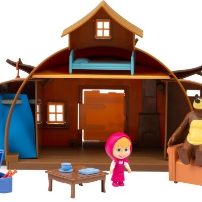 Casa de bonecas de madeira com figuras e móveis coloridos