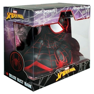 Busto deluxe Spider-Man preto e vermelho em caixa de embalagem com textos