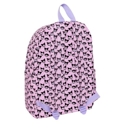 Mochila rosa com padrão de personagens e alças lilás