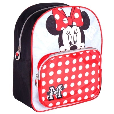 Mochila Minnie vermelha, branca e preta com bolinhas brancas e imagem da Minnie