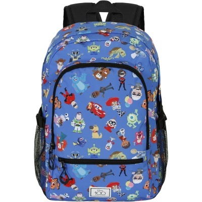 Mochila azul com personagens animados coloridos