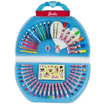 Estojo de materiais de desenho da Barbie com vários lápis e marcadores em suporte azul