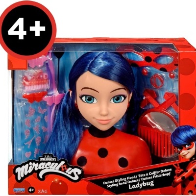 Cabeça de boneca Ladybug para styling deluxe com cabelo azul e embalagem vermelha e preta