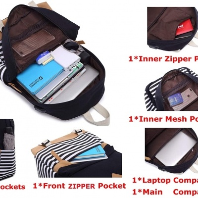 Mochila preta e às riscas com vários compartimentos e texto funcional