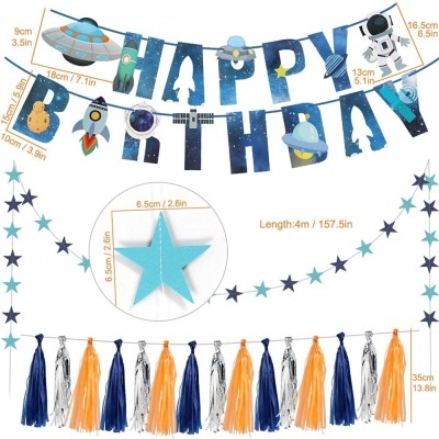 Decoração de festa com tema espacial e frases HAPPY BIRTHDAY