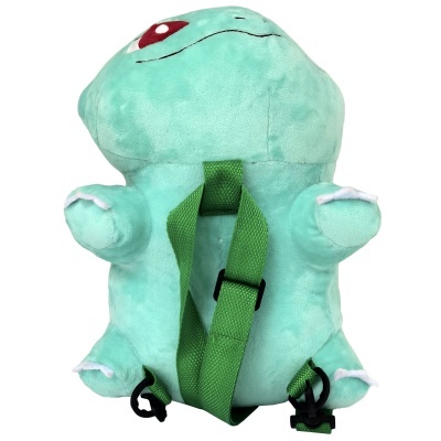 Mochila de peluche azul clara com alças verdes ajustáveis