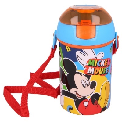 Garrafa infantil com estampa do Mickey Mouse e alça vermelha