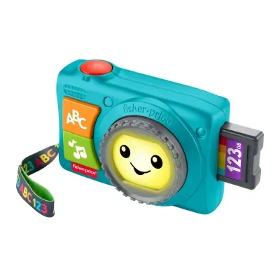 Câmara de brinquedo azul Fisher-Price com botões coloridos, lente sorridente e correia com texto colorido