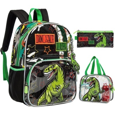 Conjunto mochila, estojo e bolsa térmica com tema de dinossauro e estrelas coloridas