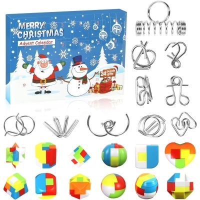 Calendário de advento Merry Christmas com puzzles metálicos e cubos coloridos 3D