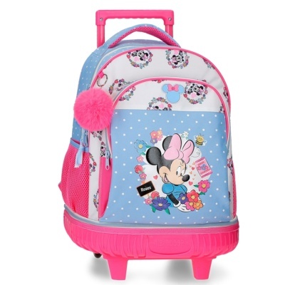 Mochila de rodinhas infantil azul, rosa e branca com estampa da Minnie Mouse e chaveiro de pelúcia rosa